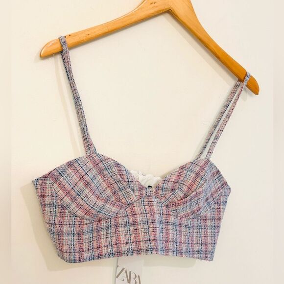 NEW Zara Tweed Boucle Knit Corset Crop Top Bralette Pink & Blue Metallic Medium - Picture 16 of 16